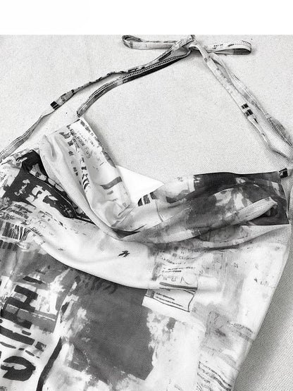 ダイタイデザイン + チェック柄キャミソールドレス トップネック アシンメトリースカートディテール ホワイト ブラックヘム ホルターネック スパイダーウェブ