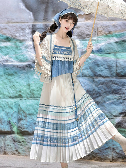 White and Blue Lace Tassel Cardigan with Floral Print Sleeveless Pleated Dress - Han Ru Chu Hanfu &amp; Han-Element Studi