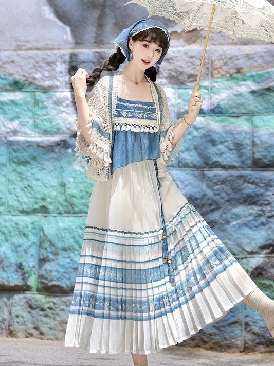 White and Blue Lace Tassel Cardigan with Floral Print Sleeveless Pleated Dress - Han Ru Chu Hanfu &amp; Han-Element Studi