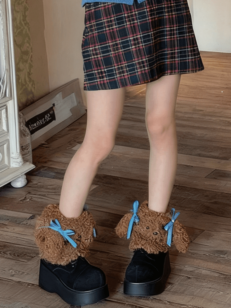 Leg Puppy White/Brown Ribbon Bowknot With Plush Warmers