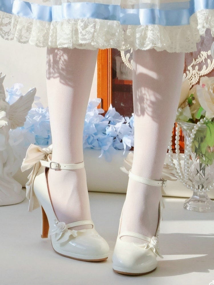 with White - Lolita Embellishments Elegant Mary Janes Design High-heel Rose Ruffle