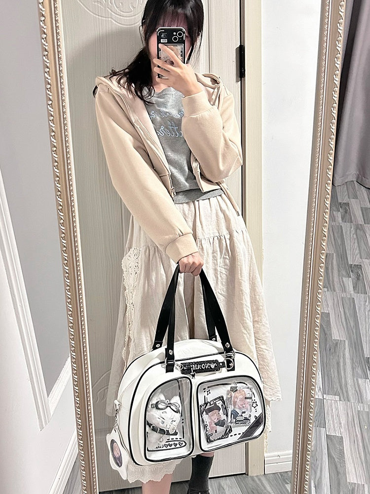 White & Black Contrast Trim Bread-shaped Ita Shoulder Bag