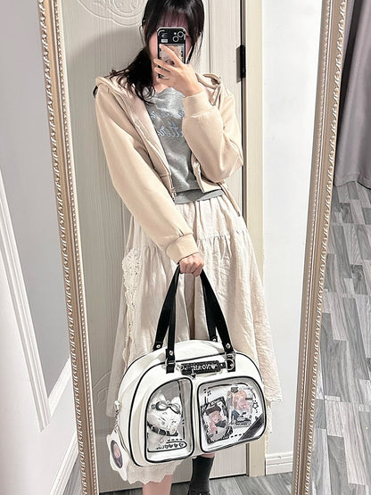 White & Black Contrast Trim Bread-shaped Ita Shoulder Bag