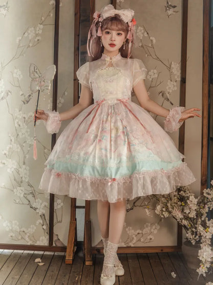 Rosa Lolita-Kleid mit baskischer Taille, Pfirsich- und Pfirsichblüten-Print JSK