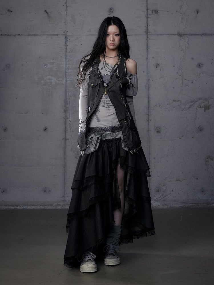 Dark Tiered Aesthetic Blackish-Green with Leather Punk Skirt