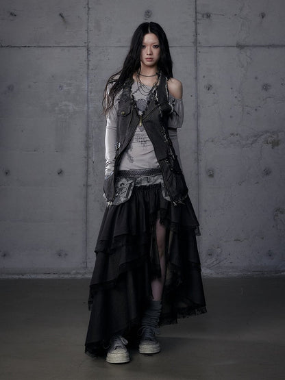Dark Tiered Aesthetic Blackish-Green with Leather Punk Skirt