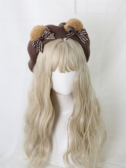 Detachable Beret Bowknot Coffee Cute Ear 4 Colors Lolita With Bear