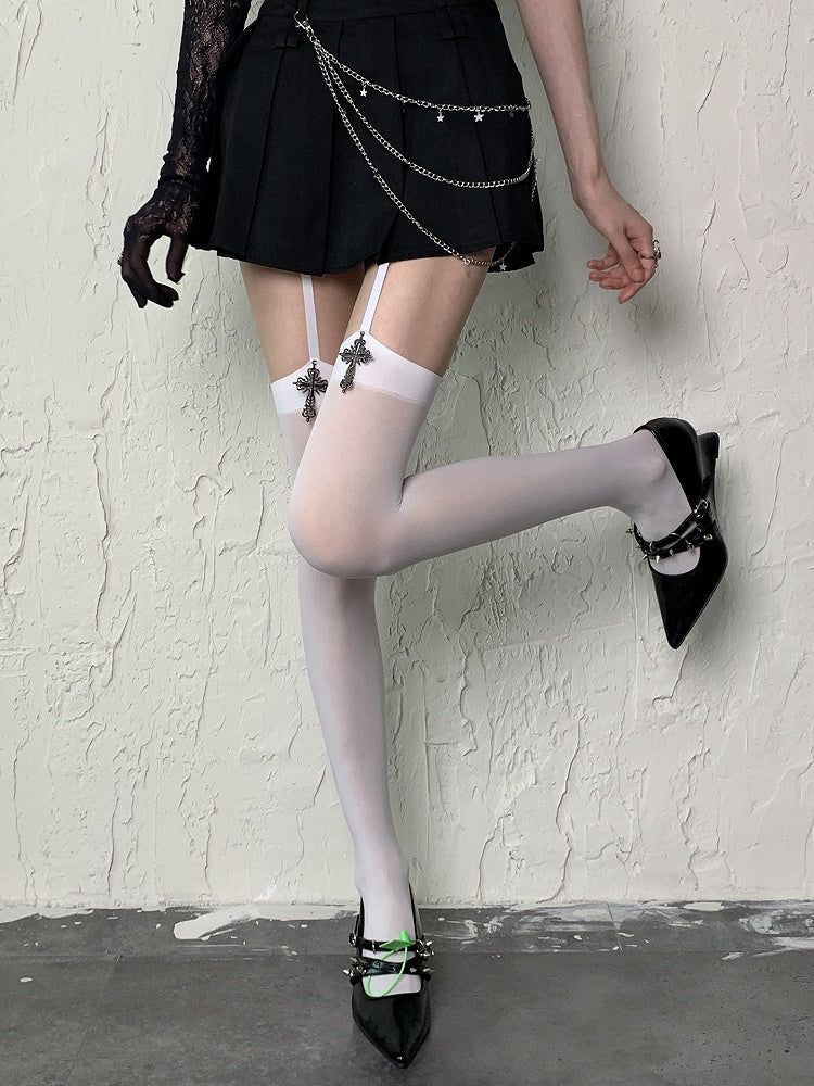 with White/Black Charms Suspender Cross Tights Y2K