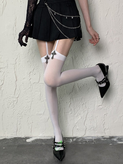 with White/Black Charms Suspender Cross Tights Y2K