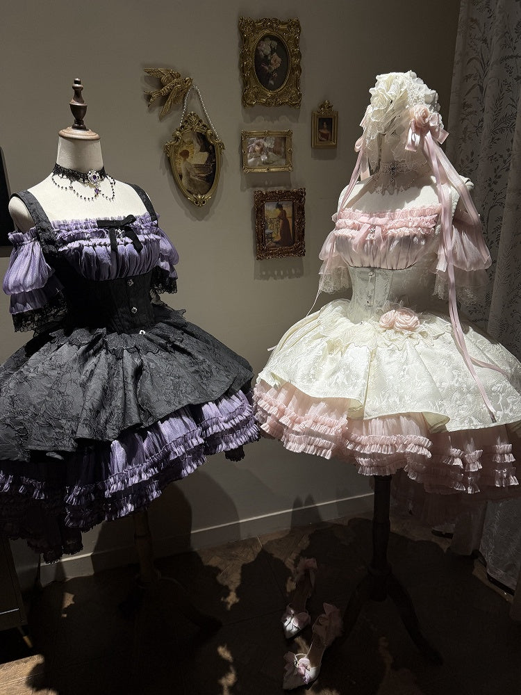Gothic Underbust JSK Dress with Off-Shoulder Blouse, Purple & Black, High-Low Skirt - Sheer Ocean