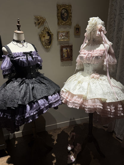 Gothic Underbust JSK Dress with Off-Shoulder Blouse, Purple & Black, High-Low Skirt - Sheer Ocean