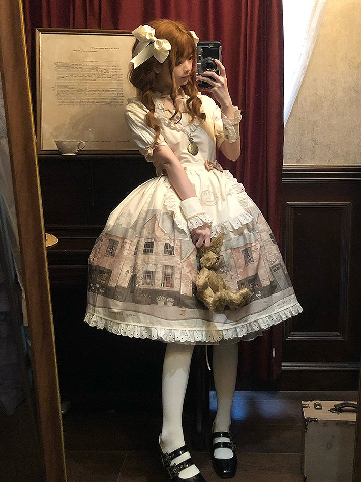 Lolita Dress Sleeves Print and Starry Beige Short Night Bakery