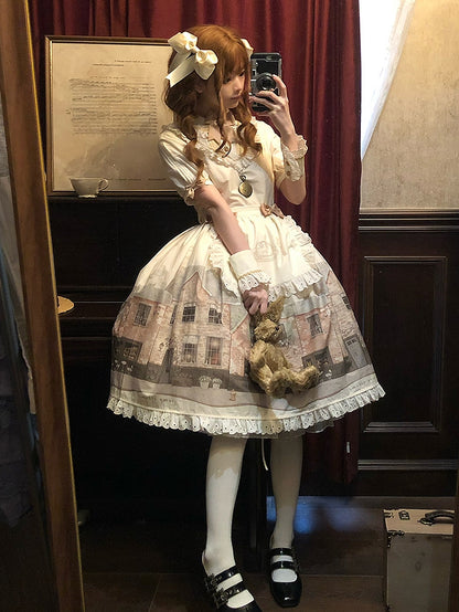 Lolita Dress Sleeves Print and Starry Beige Short Night Bakery