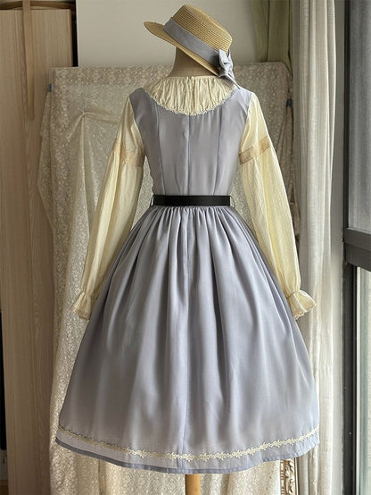 Light Gray & Beige Round Neck Long-sleeved Elegant Classic Lolita Dress with Lace-Up Front