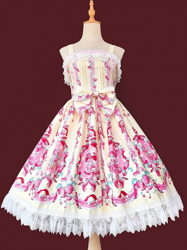 shaped with Heart Lolita Lace Yellow JSK Trim Sweet Dress Print Strawberry Pink