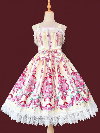 shaped with Heart Lolita Lace Yellow JSK Trim Sweet Dress Print Strawberry Pink