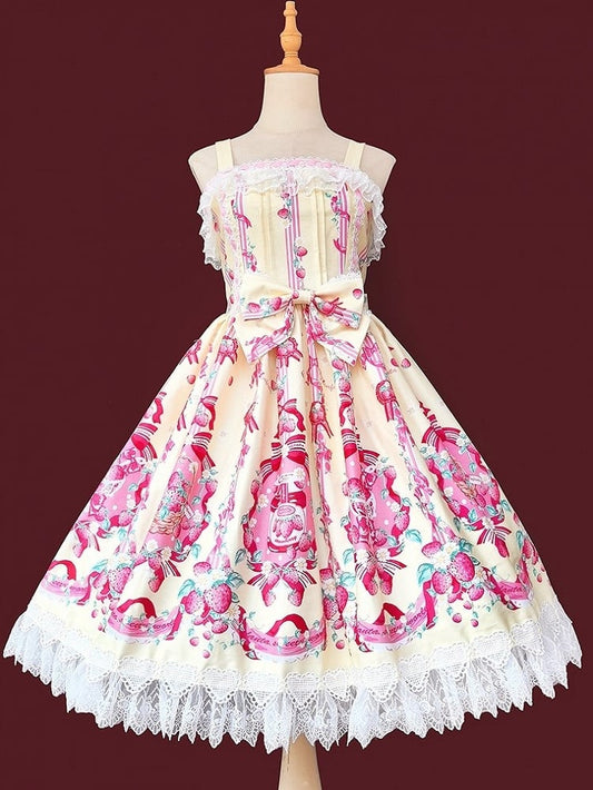 shaped with Heart Lolita Lace Yellow JSK Trim Sweet Dress Print Strawberry Pink