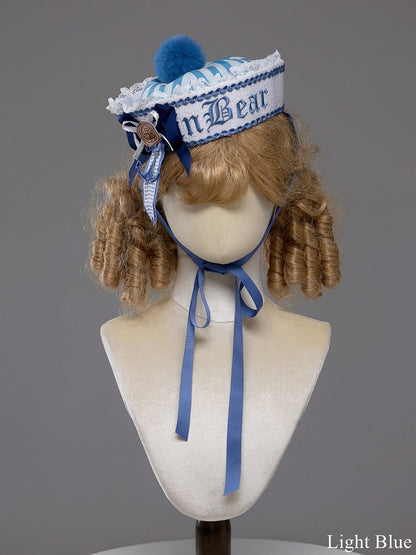 Bear Embroidered Sailor Lolita Hat with Pom-Pom - Twin Bear Original Design