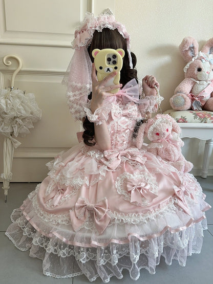 with Bow / Lace Cute Princess Full JSK Veil + Dress Lolita Big Pink Heart Doll-Style Details Set Train