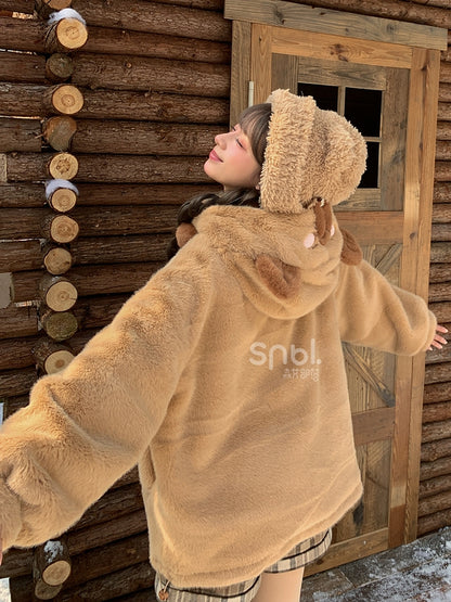 Niedlicher Capybara-verzierter brauner Plüsch-Kapuzenpullover