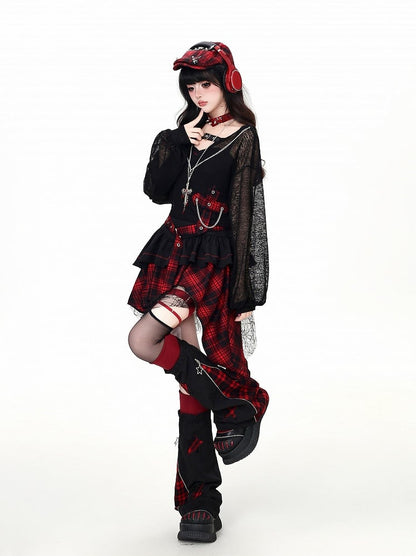 Red Black Plaid Cropped Top with Cross Chain Detail - CRAZY GIRL