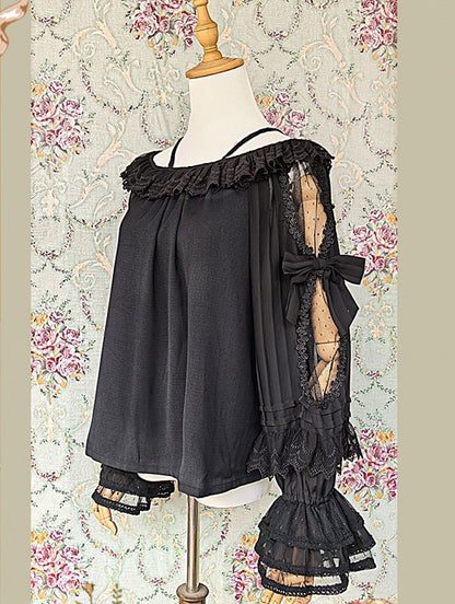 Lolita Sleeves Black with and Trim Off-the-shoulder Neckline Blouse Semi-sheer Lace