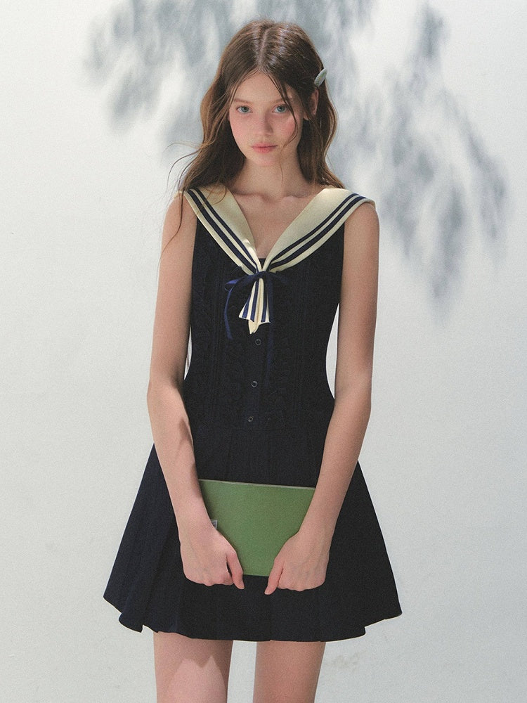 Blue Collar with Pleated Kawaii Detachable Dress Navy Sailor Style
