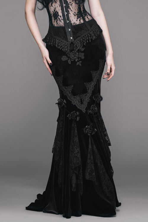 Black Rose Embossed Gothic Velvet Long Fishtail Skirt for Women
