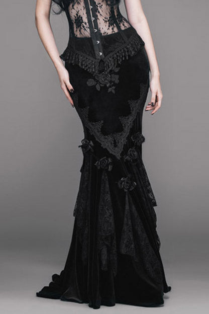 Black Rose Embossed Gothic Velvet Long Fishtail Skirt for Women
