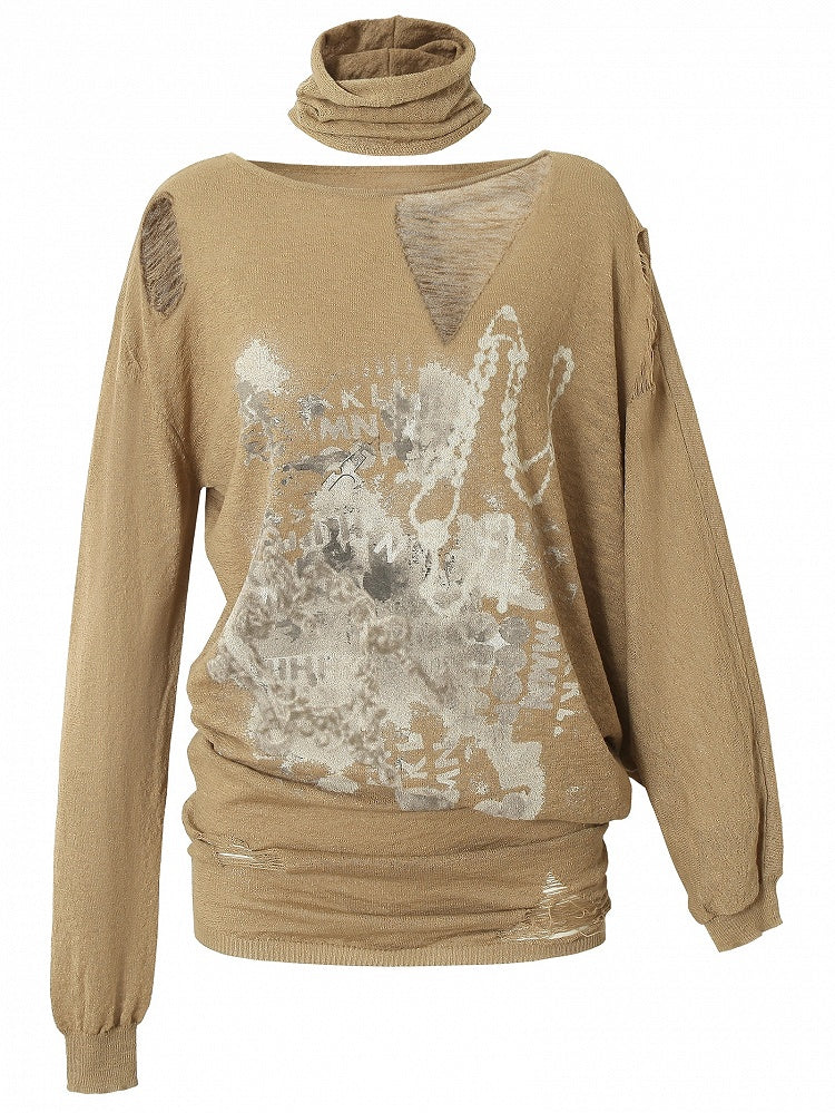 Distressed Beige/Khaki Top Ausschnitt Punk Asymmetrisch Sonnenschutz Ödland Löcher