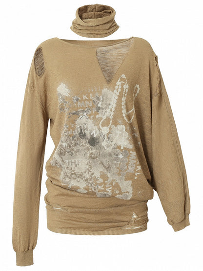 Distressed Beige/Khaki Top Ausschnitt Punk Asymmetrisch Sonnenschutz Ödland Löcher