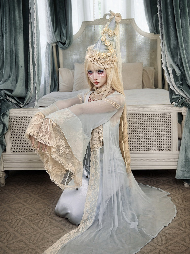 Baby Blue Bell Sleeve Flared Robe with Apricot Lace Details - Blood Supply