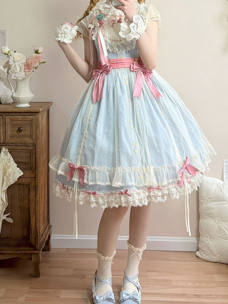 Short Elegant Lace Dress and Blue with Details Classic Lolita Version Bow