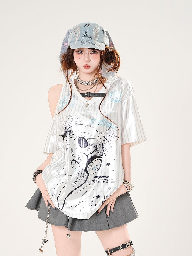 Satin Anime Girl Print Cutout Shoulder T-shirt White Pattern Striped V-neck