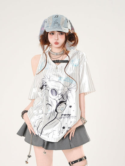 Satin Anime Girl Print Cutout Shoulder T-shirt White Pattern Striped V-neck