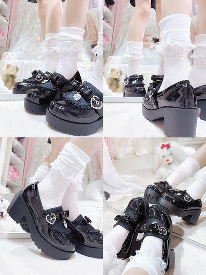Platform Bow with Trim Polished Lace Kei Loafers Accents Jirai Rhinestone Details Black - Heart