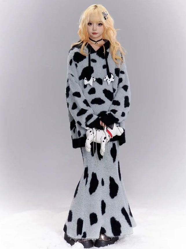 グレーの斑点模様ニットマーメイドスカート