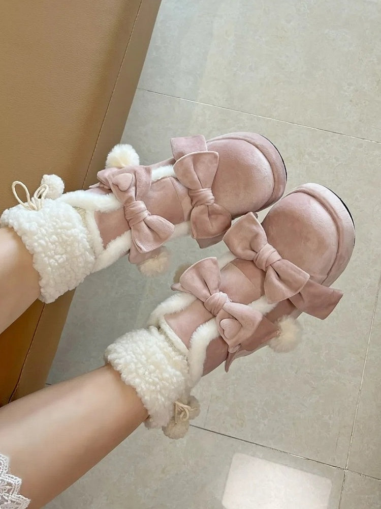 - Lolita Sweet Platform Boots Pompon Winter Charm Pink