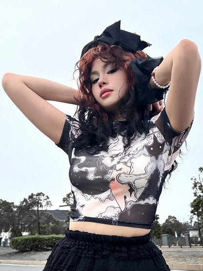 プリント漫画トップギャルスリーブブラックショートファッション