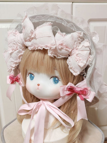 Ribbon Lace Bowknot Lolita Hat White Sweet Flat Pink
