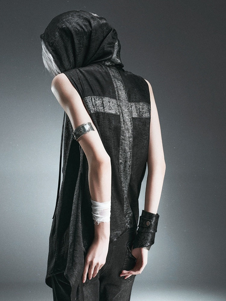 Black Hooded Vest with Asymmetrical Neckline & Cross Design at Back - CroixDragon