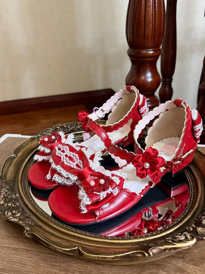 Red Lolita Bow Flower Lace Trim Low Heel Sandals with Back Bows - Sheep Puff