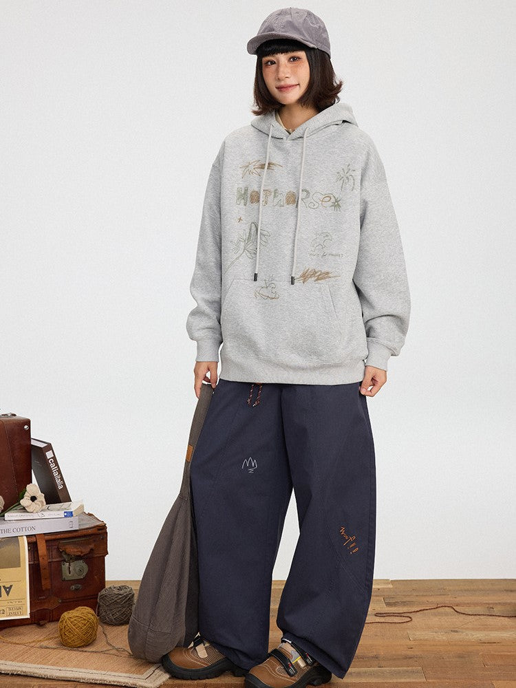 Pouch Vintage Cute Pullover Pocket Hoodie Hood Front Drawstring Print Gray -