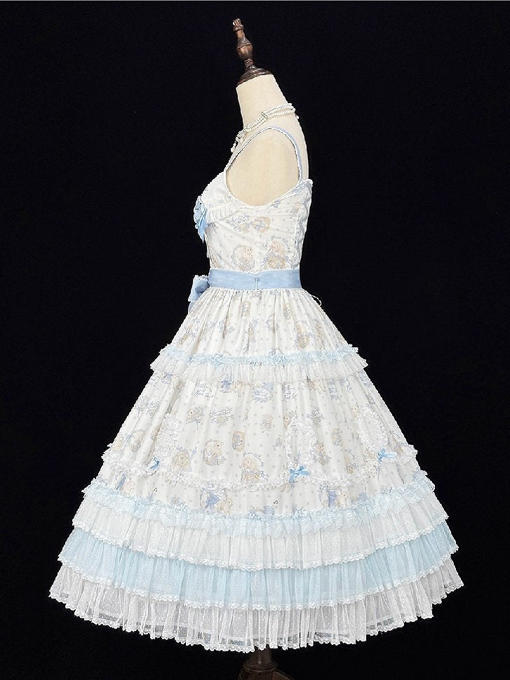 Blue Flower & Lamb Print Embroidered Neckline Lolita JSK Dress - Miss Point