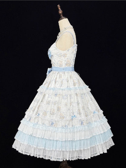 Blue Flower & Lamb Print Embroidered Neckline Lolita JSK Dress - Miss Point