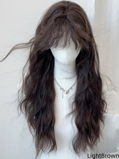 Black Wool Brown Tea/Light 65CM Bangs Full Curly Wig with