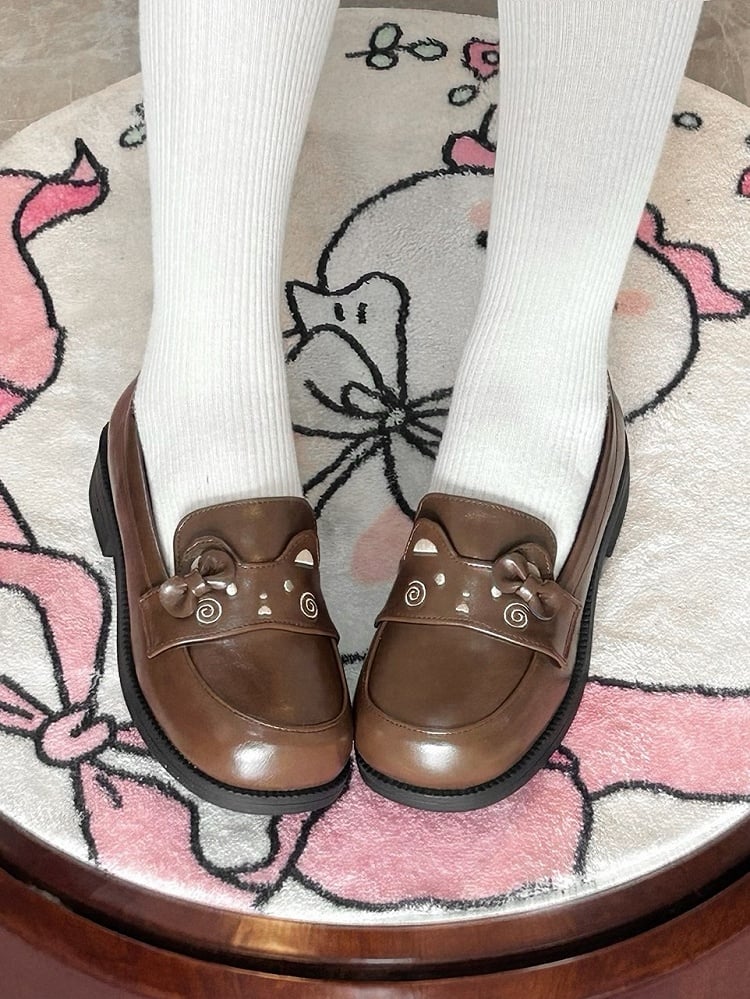Brown Preppy Style Loafers with Bow Accent & Bear Motif