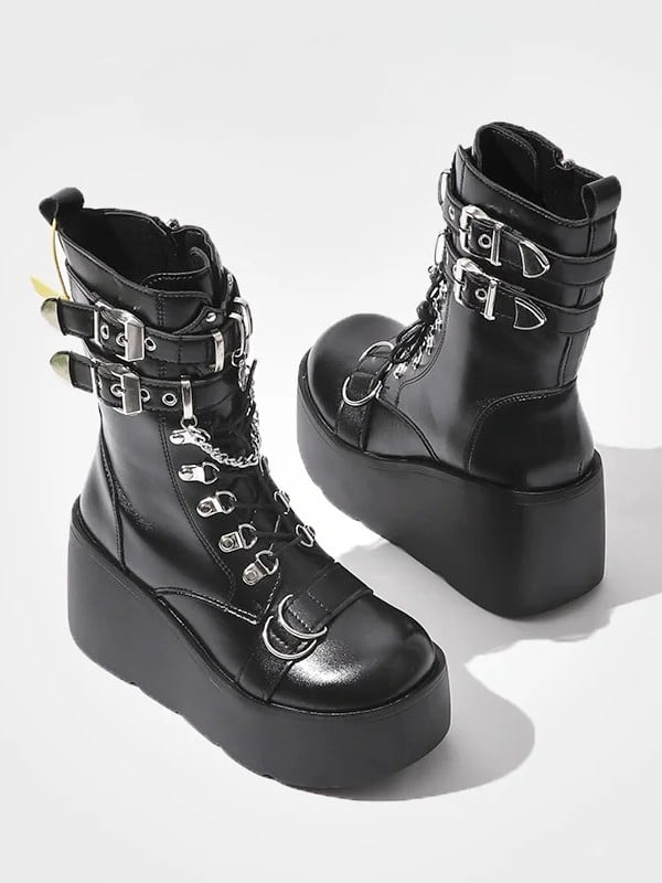Chain - in Heart Platform System Multi-Closure Charm with Details Boots Style Punk Black