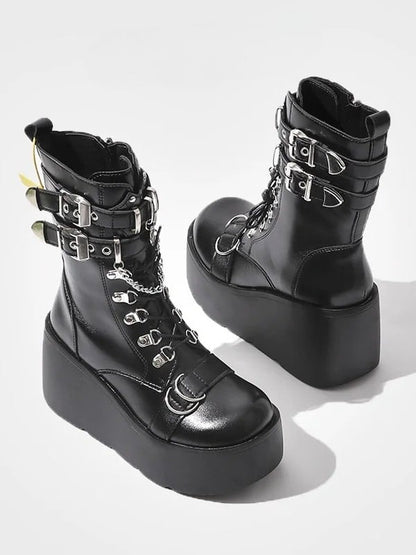 Chain - in Heart Platform System Multi-Closure Charm with Details Boots Style Punk Black