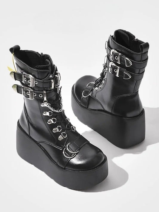Chain - in Heart Platform System Multi-Closure Charm with Details Boots Style Punk Black